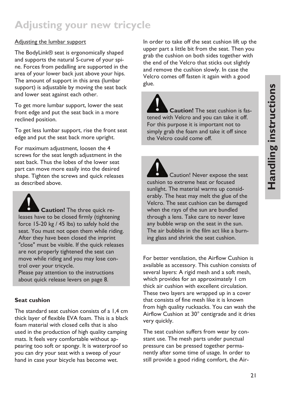 Adjusting your new tricycle, Handling instructions | HP Velotechnik trikes User Manual | Page 25 / 104