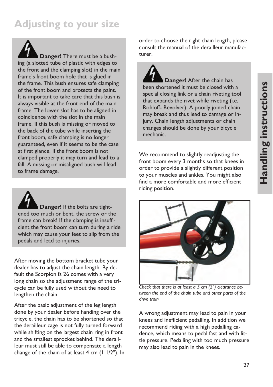 Adjusting to your size, Handling instructions | HP Velotechnik trikes User Manual | Page 31 / 104