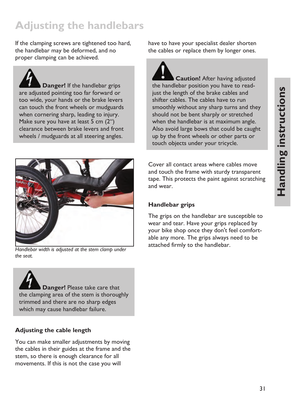 Adjusting the handlebars, Handling instructions | HP Velotechnik trikes User Manual | Page 35 / 104