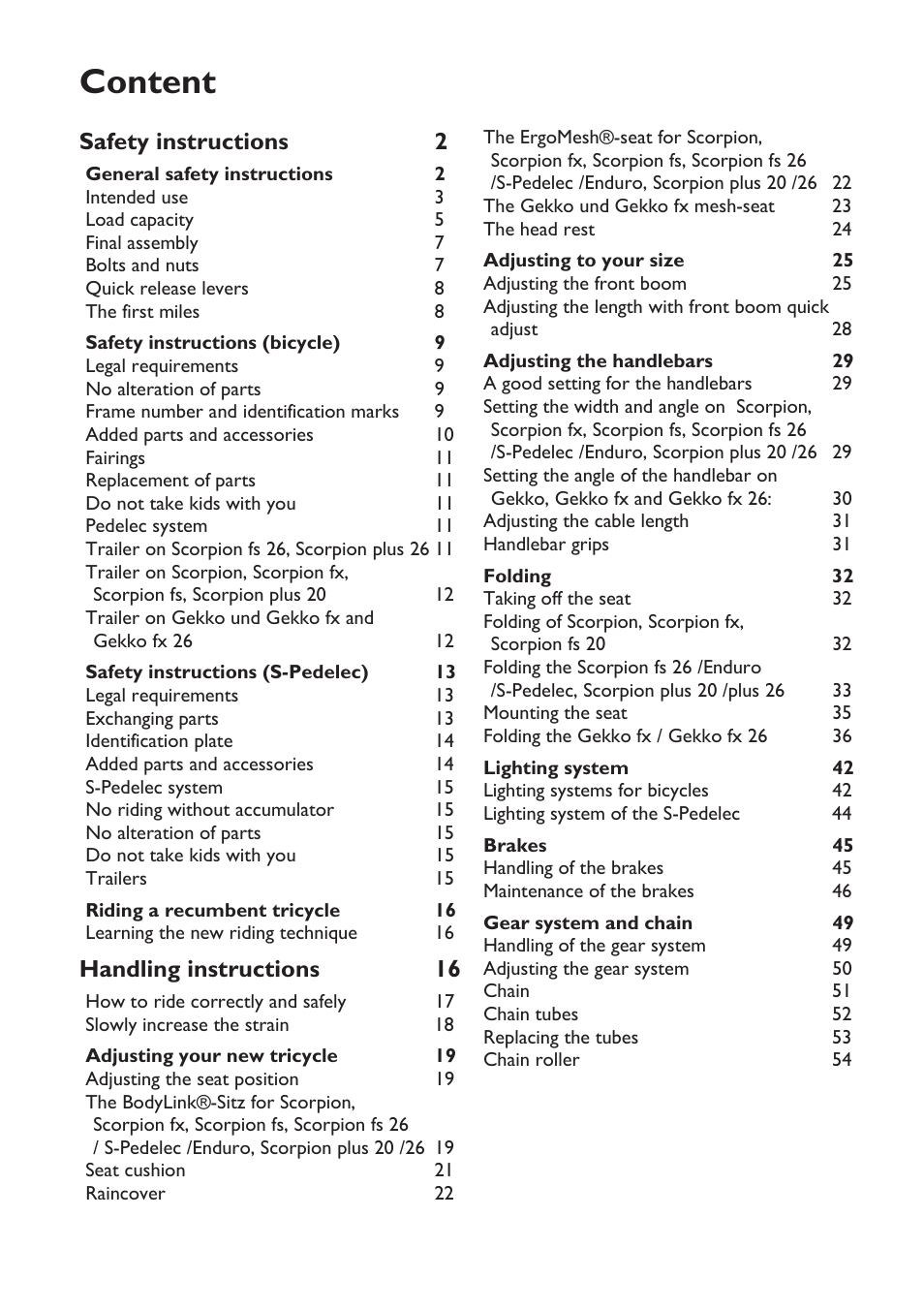Content | HP Velotechnik trikes User Manual | Page 4 / 104