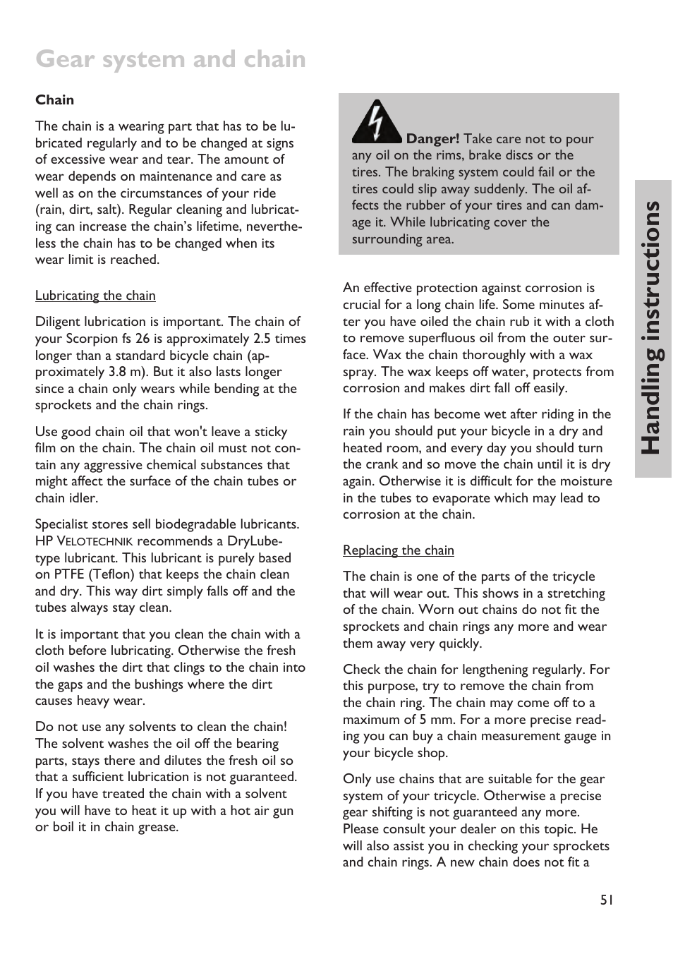 Gear system and chain, Handling instructions | HP Velotechnik trikes User Manual | Page 55 / 104