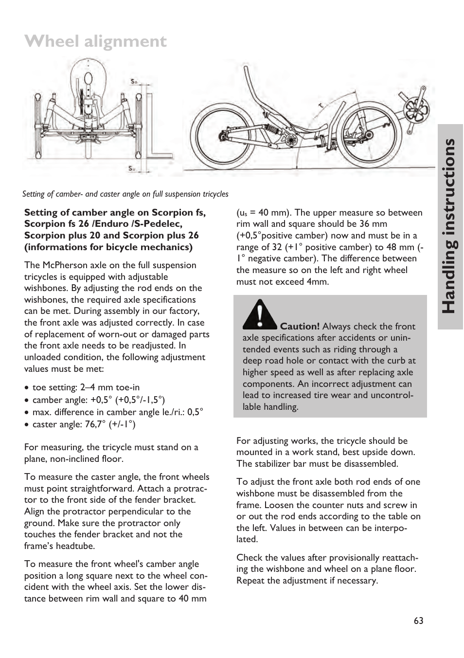 Wheel alignment, Handling instructions | HP Velotechnik trikes User Manual | Page 67 / 104