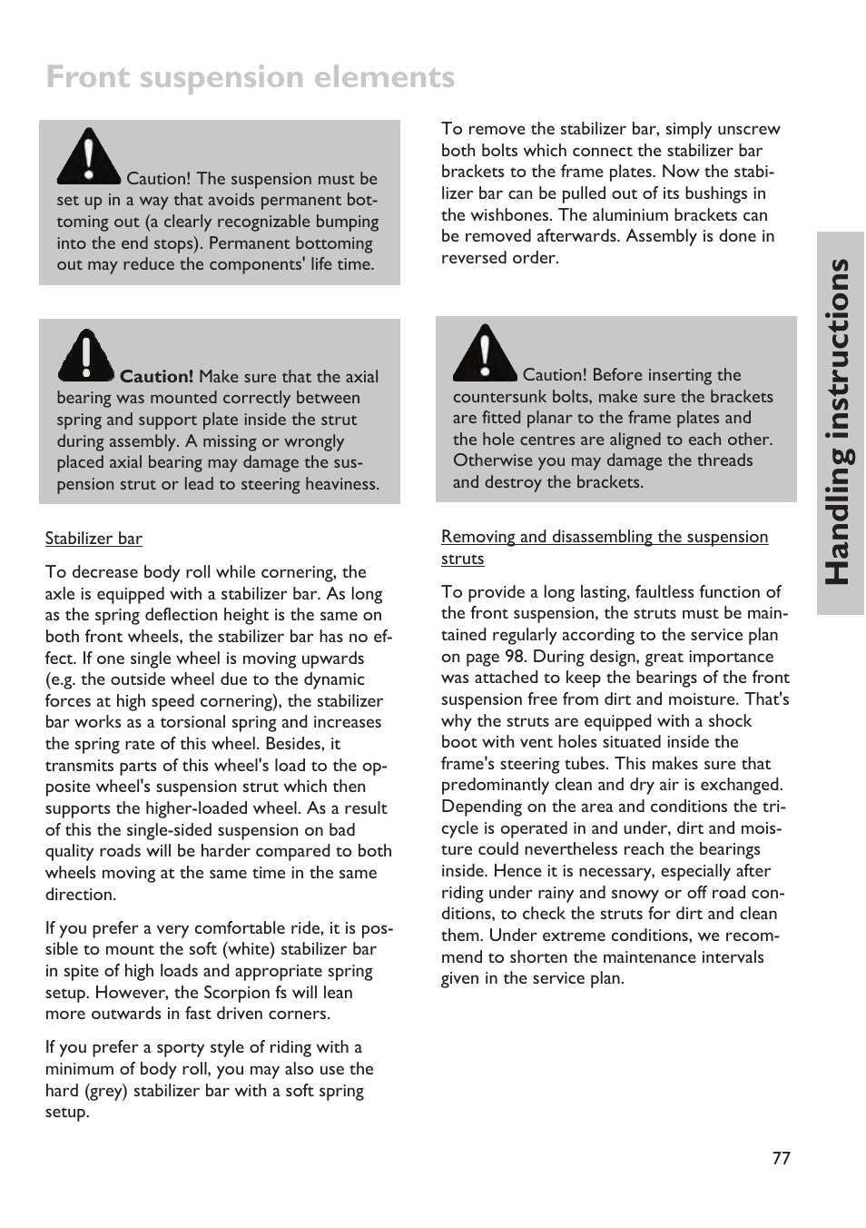 Front suspension elements, Handling instructions | HP Velotechnik trikes User Manual | Page 81 / 104