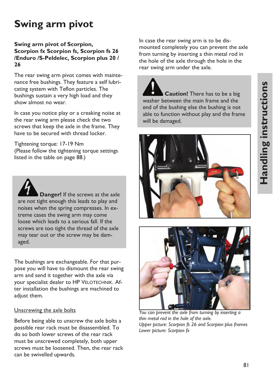 Handling instructions swing arm pivot | HP Velotechnik trikes User Manual | Page 85 / 104