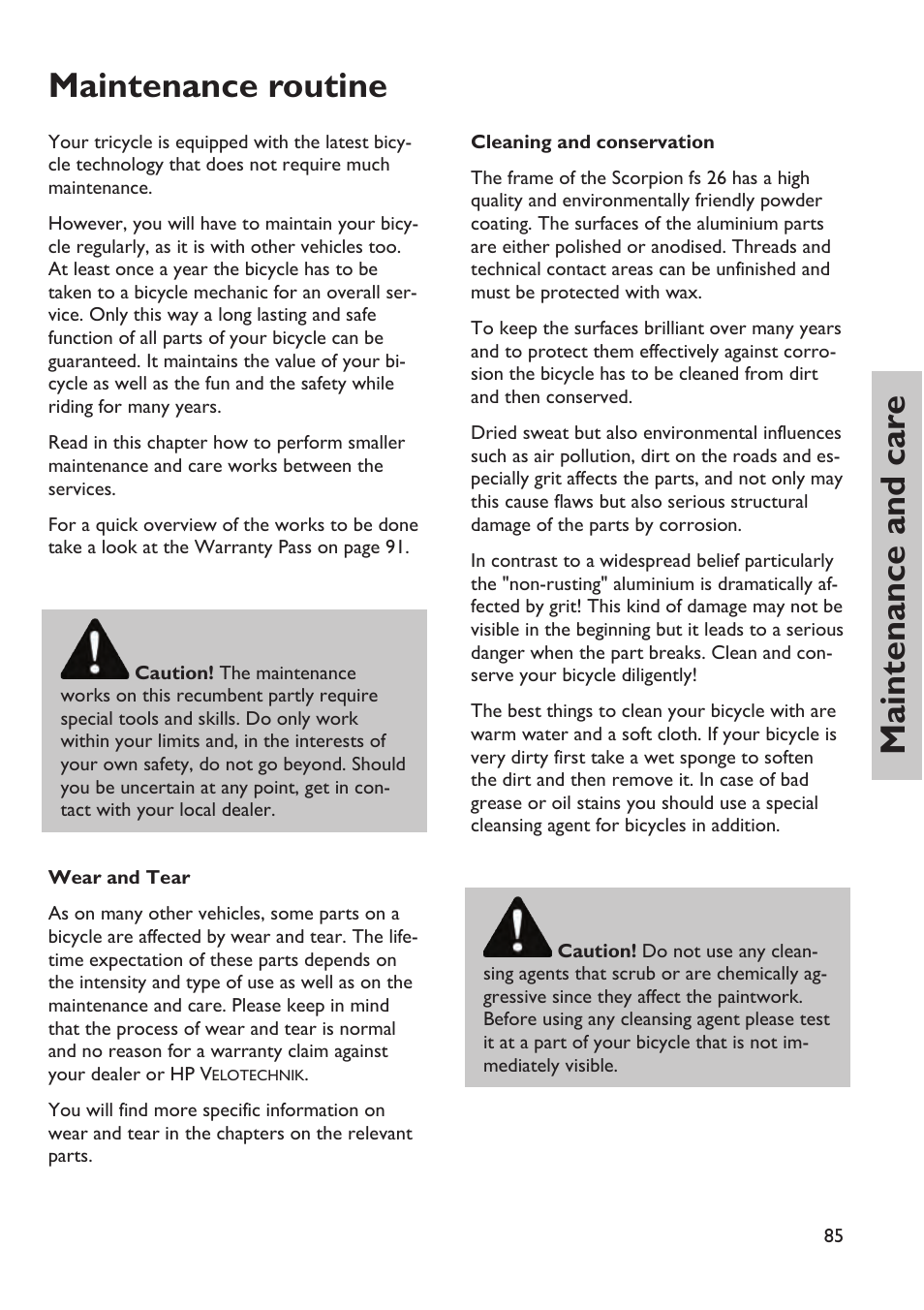 Maintenance and care, Maintenance and car e maintenance routine | HP Velotechnik trikes User Manual | Page 89 / 104