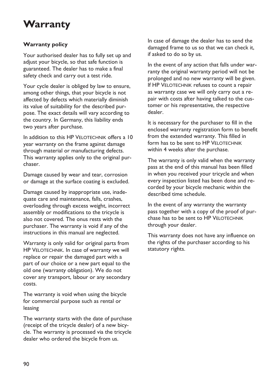 Warranty | HP Velotechnik trikes User Manual | Page 94 / 104