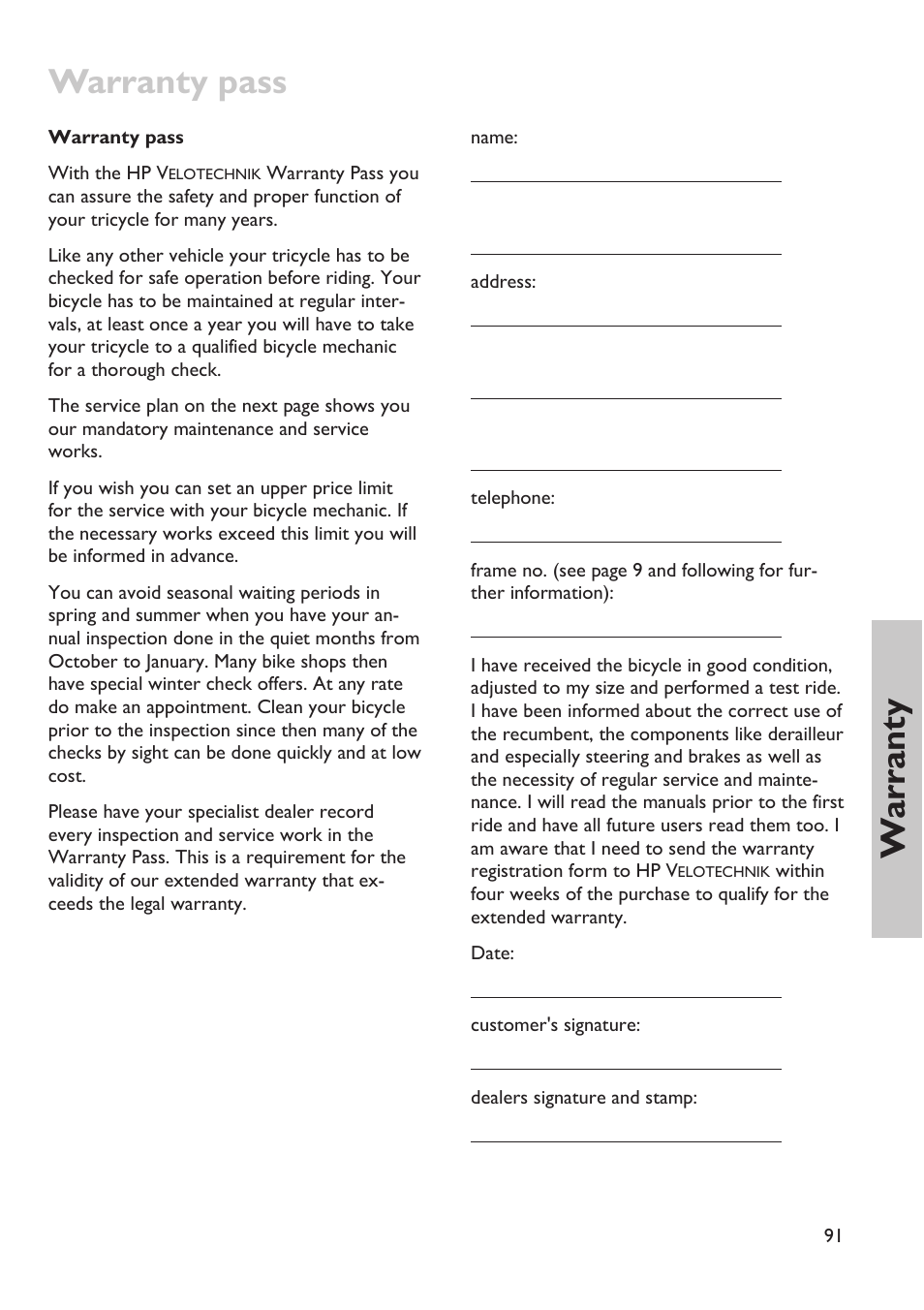 Warranty pass, Wa rr an ty | HP Velotechnik trikes User Manual | Page 95 / 104