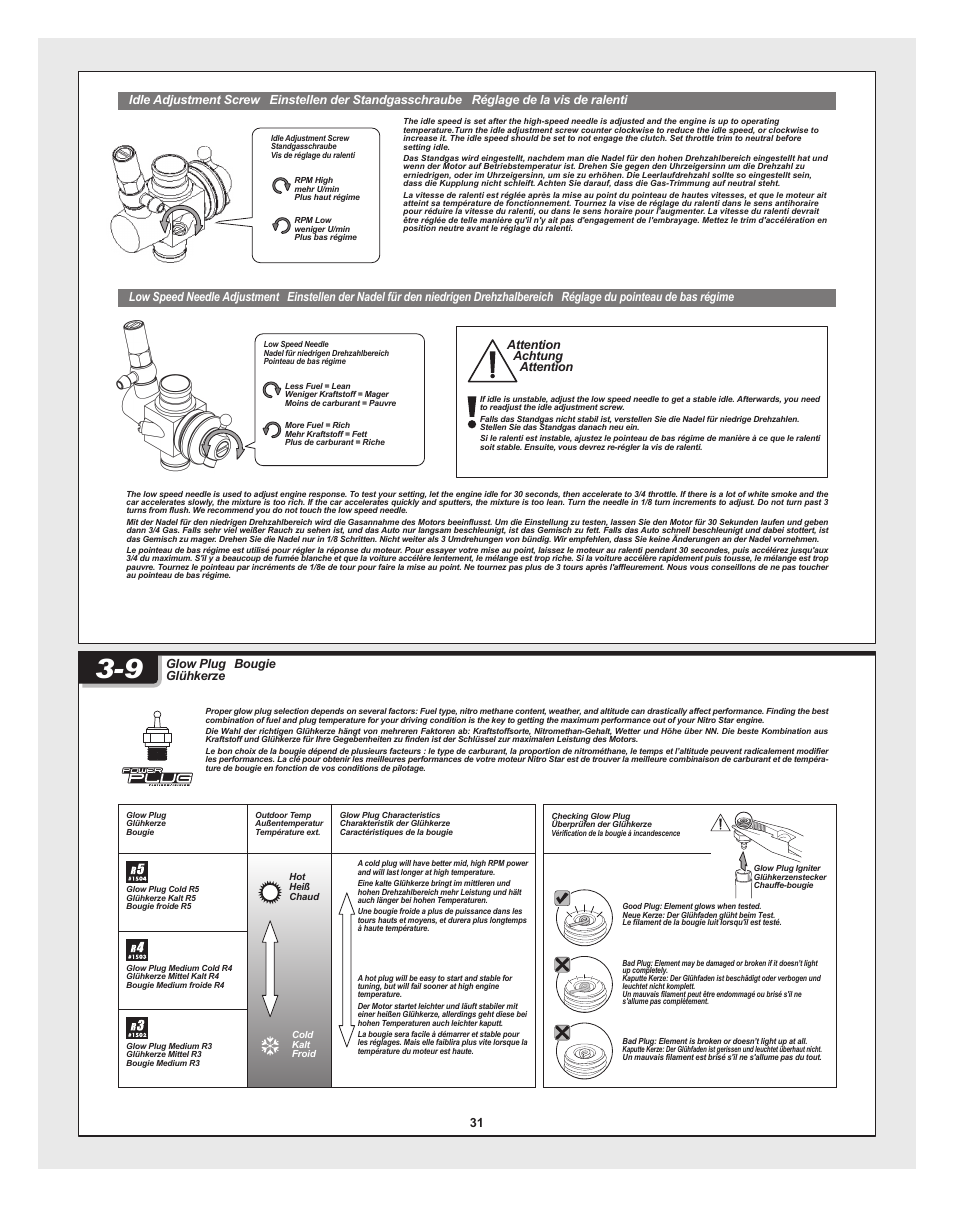 Bullet_30_st-mt_pg27_new.pdf, Attention achtung attention, Glow plug glühkerze bougie | HPI Racing RTR BULLET MT 3.0 W/2.4GHZ User Manual | Page 31 / 44