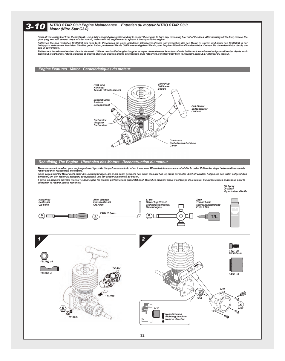 Bullet_30_st-mt_pg28.pdf, Engine features motor caractéristiques du moteur | HPI Racing RTR BULLET MT 3.0 W/2.4GHZ User Manual | Page 32 / 44