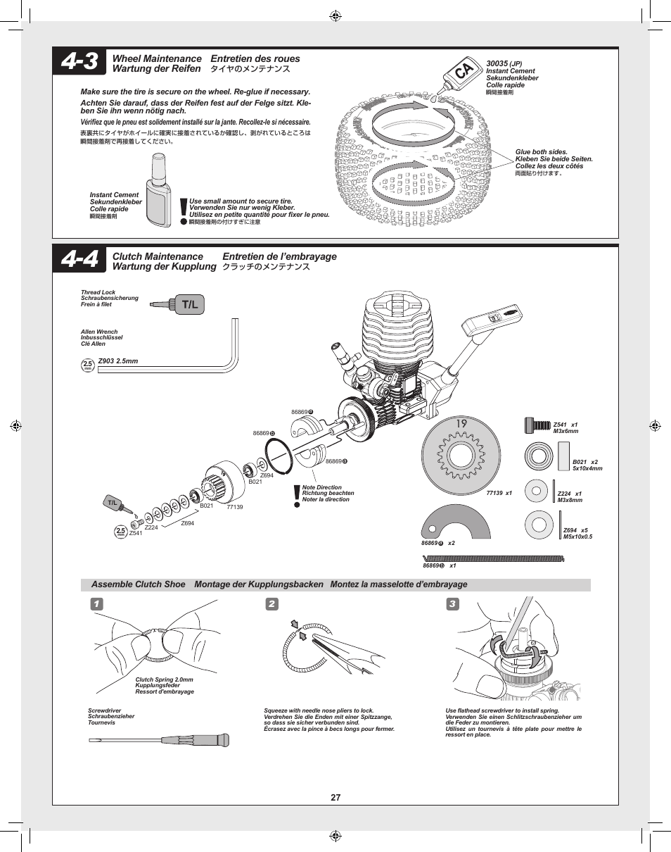 Entretien des roues, Wheel maintenance wartung der reifen, Entretien de l’embrayage | Clutch maintenance wartung der kupplung | HPI Racing RTR FIRESTORM 10T 2.4 User Manual | Page 27 / 60