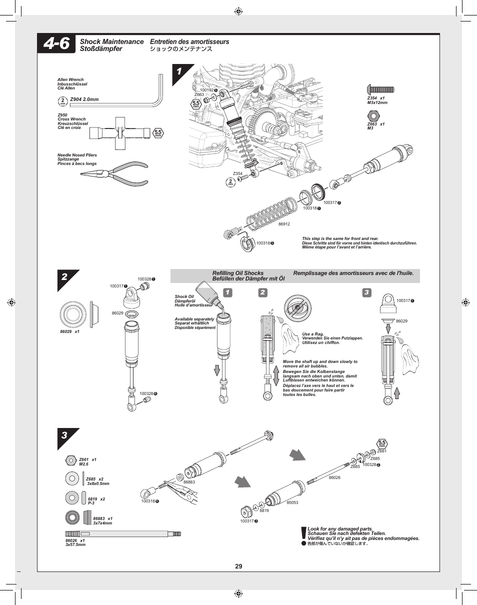 Entretien des amortisseurs, Shock maintenance stoßdämpfer | HPI Racing RTR FIRESTORM 10T 2.4 User Manual | Page 29 / 60