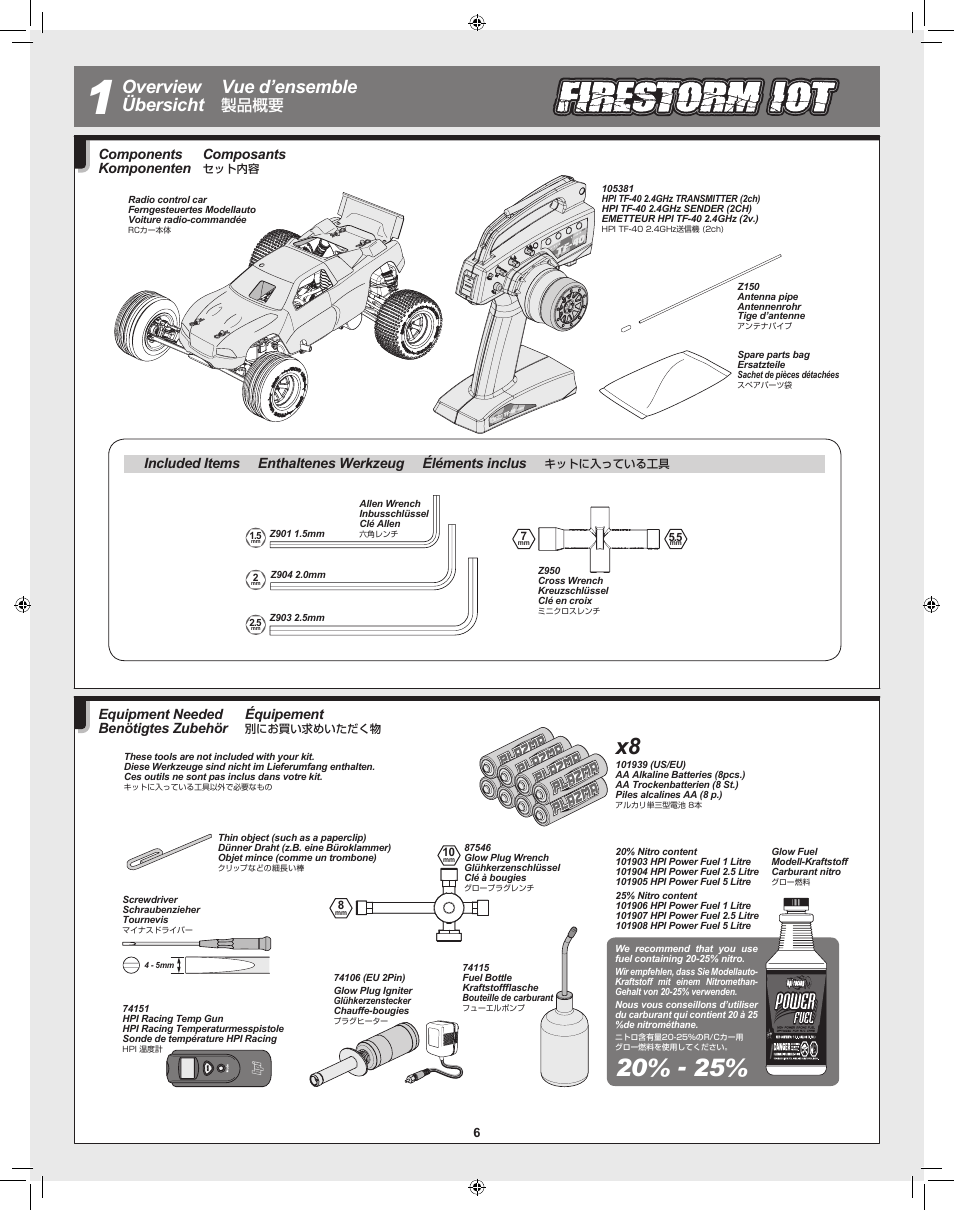 Overview übersicht vue d’ensemble, 製品概要, Équipement | Equipment needed benötigtes zubehör, Composants, Components komponenten | HPI Racing RTR FIRESTORM 10T 2.4 User Manual | Page 6 / 60