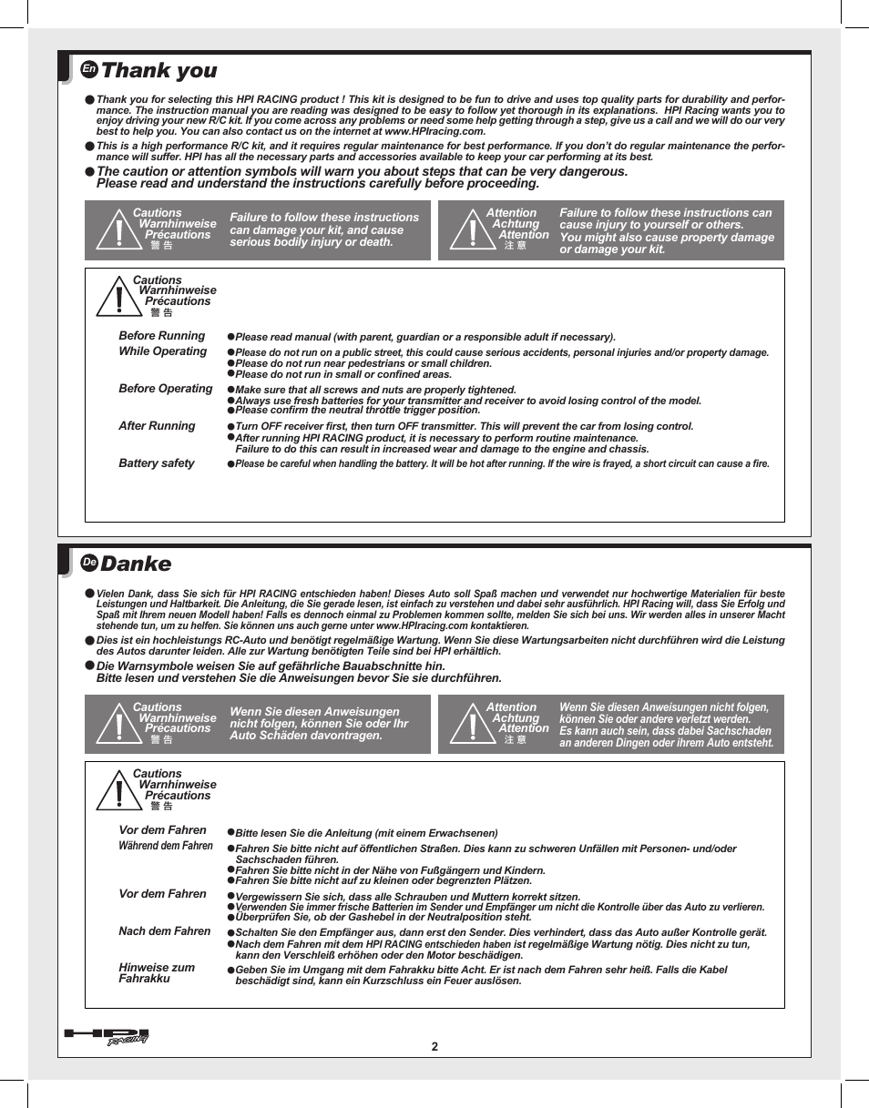 Danke | HPI Racing Savage Flux User Manual | Page 2 / 56