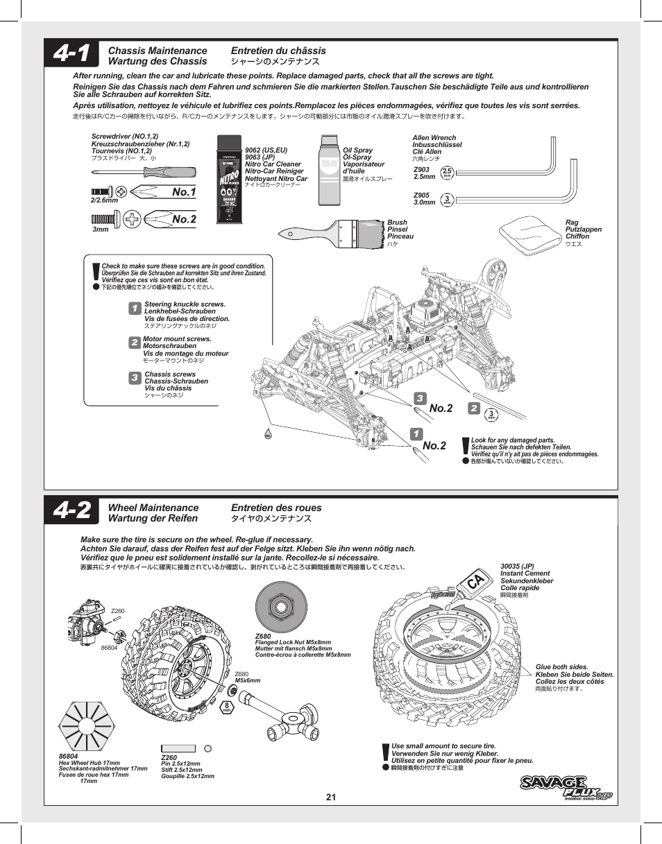 No.2, Entretien des roues, Wheel maintenance wartung der reifen | Entretien du châssis, Chassis maintenance wartung des chassis | HPI Racing Savage Flux User Manual | Page 21 / 56