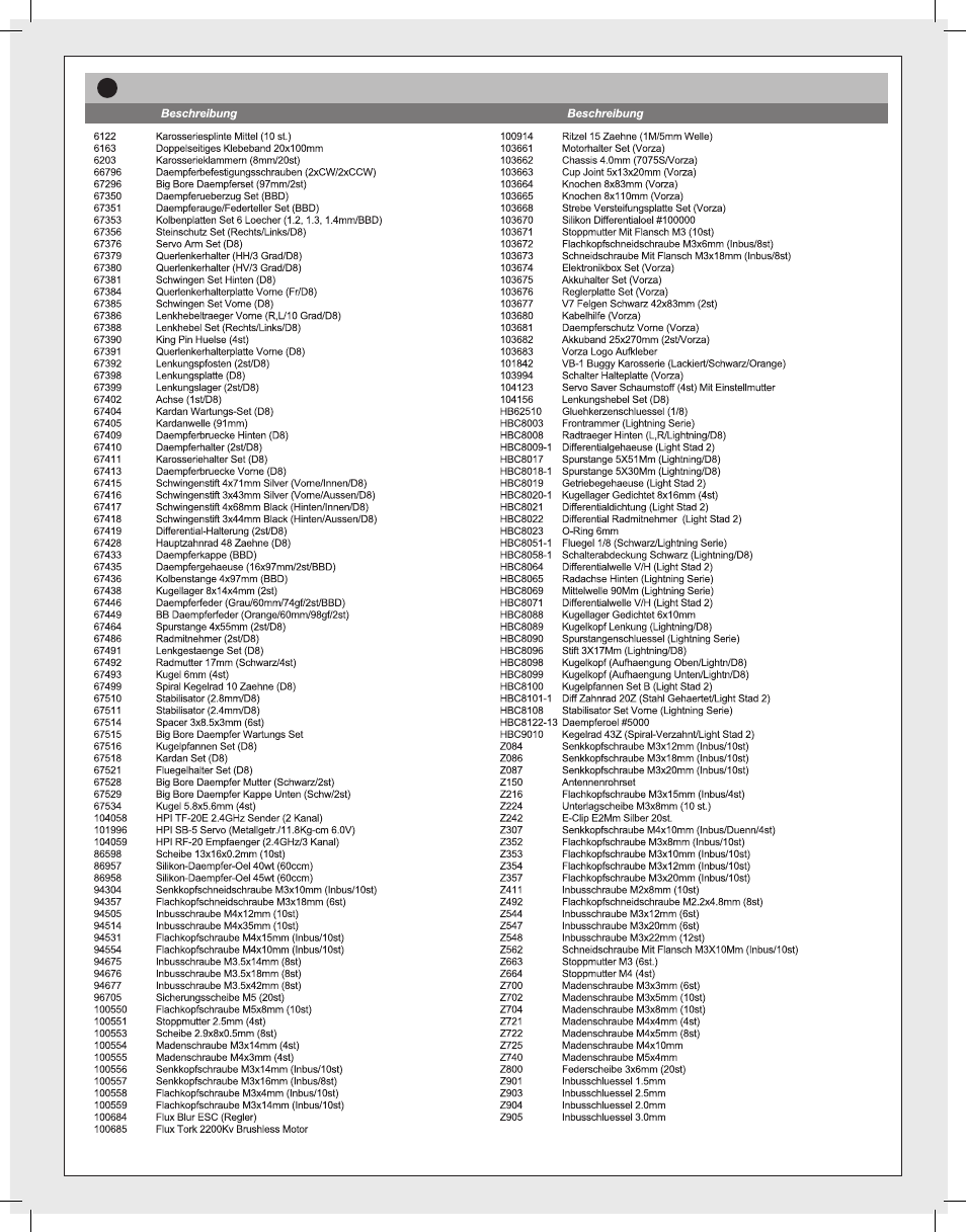 Ersatzteileliste | HPI Racing Vorza User Manual | Page 41 / 48