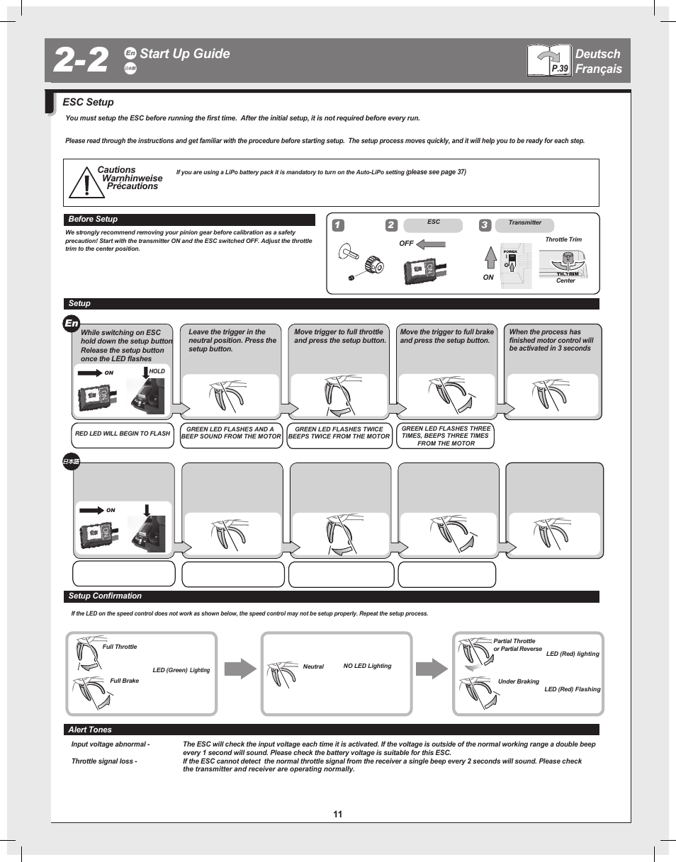 Start up guide, Deutsch français, スタートアップガイド | Esc setup | HPI Racing Bullet Flux User Manual | Page 11 / 48