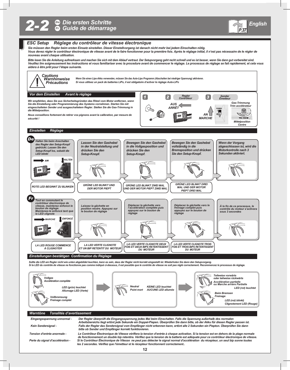 Die ersten schritte guide de démarrage, English, P.37 | Cautions warnhinweise précautions | HPI Racing Bullet Flux User Manual | Page 12 / 48