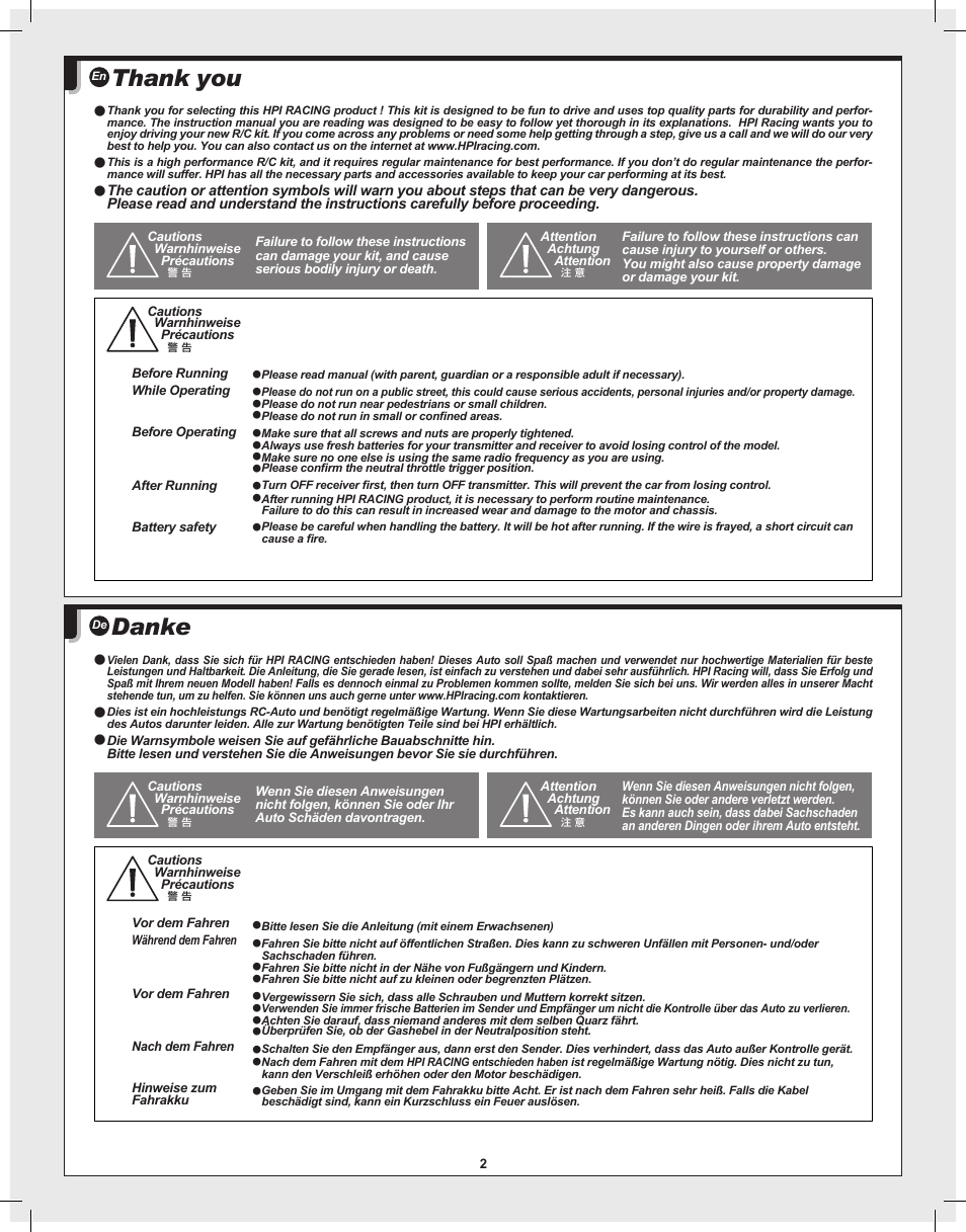 Danke | HPI Racing Bullet Flux User Manual | Page 2 / 48