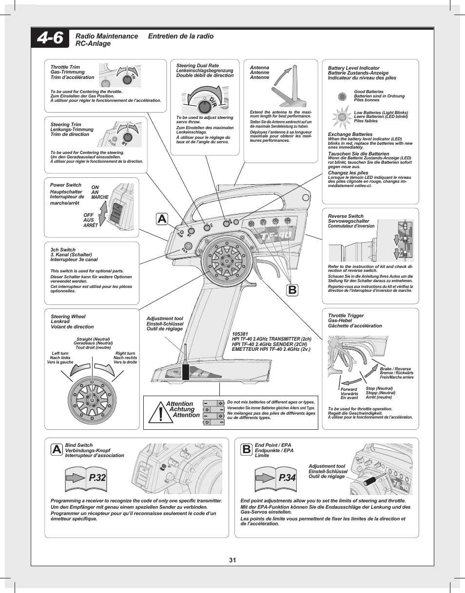 P.32 p.34, Entretien de la radio, Radio maintenance rc-anlage | Attention achtung attention | HPI Racing Bullet Flux User Manual | Page 31 / 48