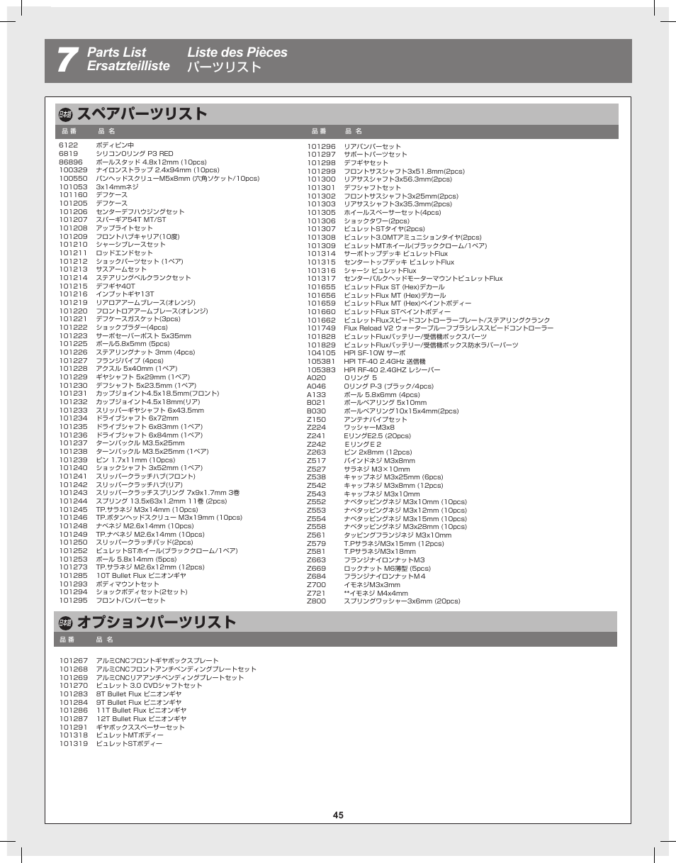 オプションパーツリスト, スペアパーツリスト, Parts list ersatzteilliste liste des pièces | パーツリスト | HPI Racing Bullet Flux User Manual | Page 45 / 48