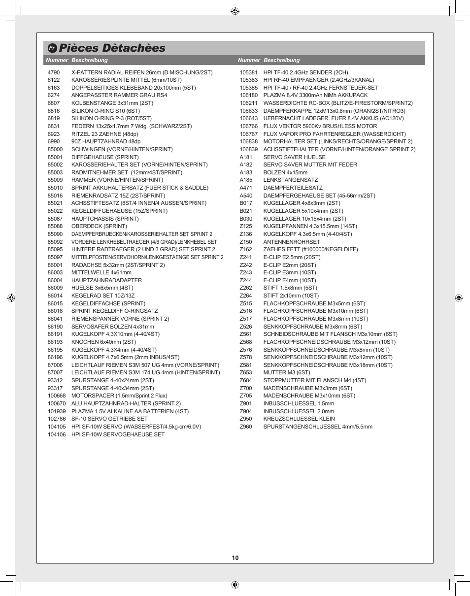 Pièces dètachèes | HPI Racing Sprint 2 Flux User Manual | Page 10 / 12