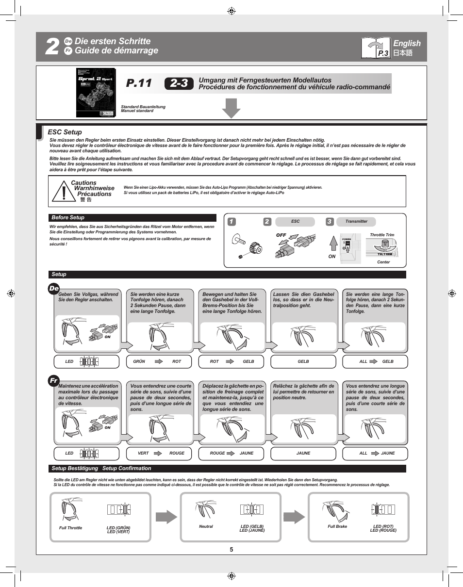 P.11 2-3, Die ersten schritte guide de démarrage, English | Esc setup | HPI Racing Sprint 2 Flux User Manual | Page 5 / 12