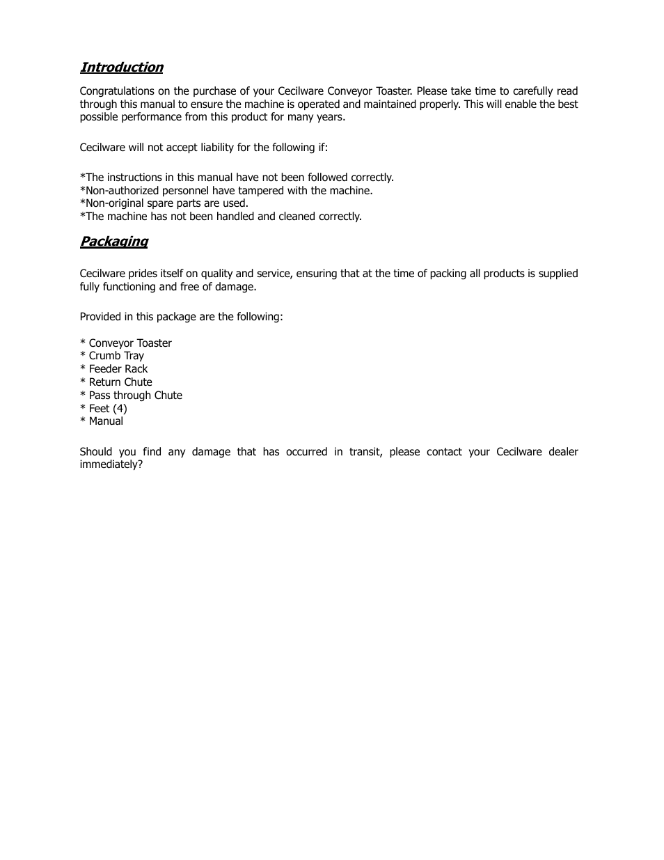 Introduction, Packaging | Cecilware CT-500 User Manual | Page 3 / 12