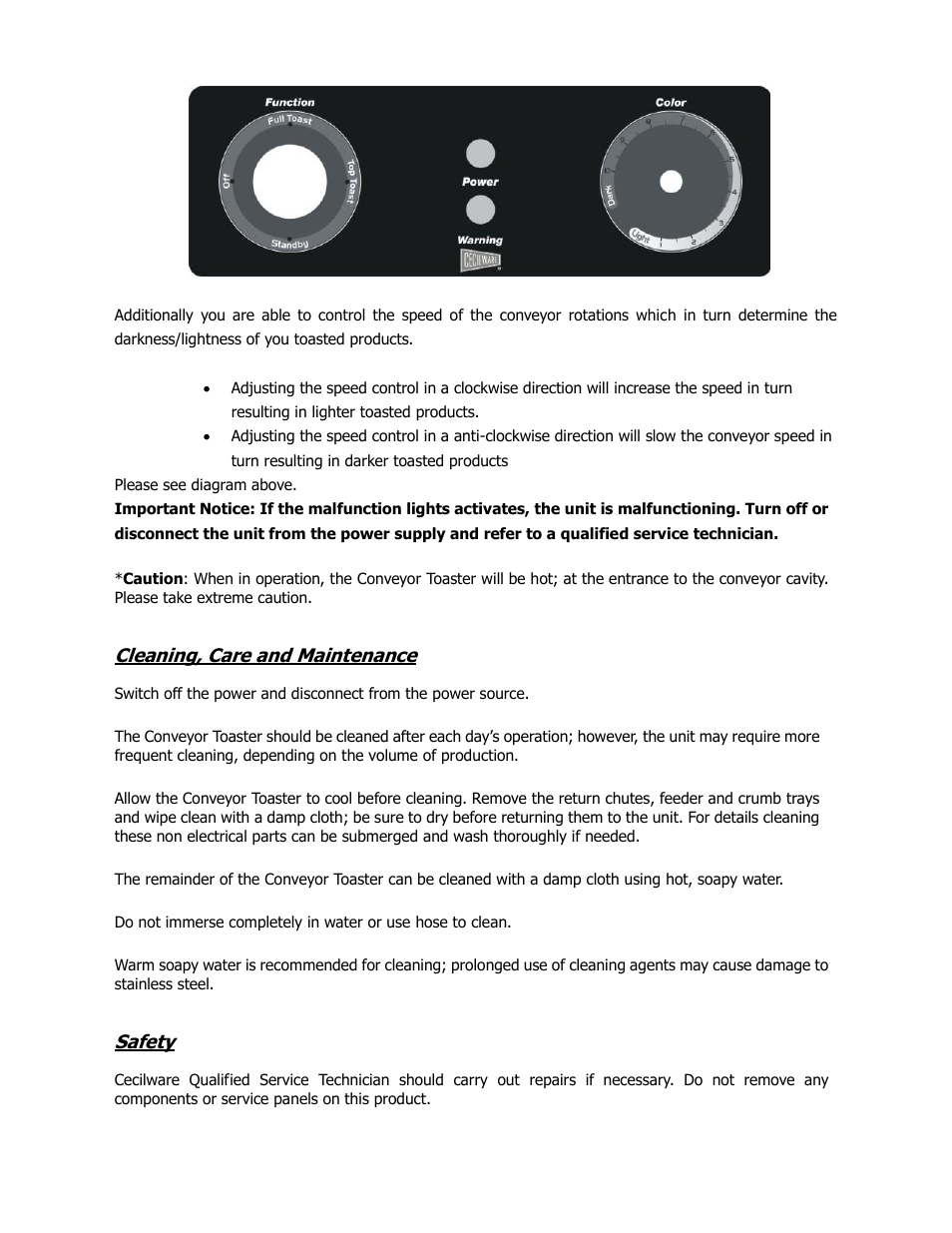 Cleaning, care and maintenance, Safety | Cecilware CT-500 User Manual | Page 6 / 12