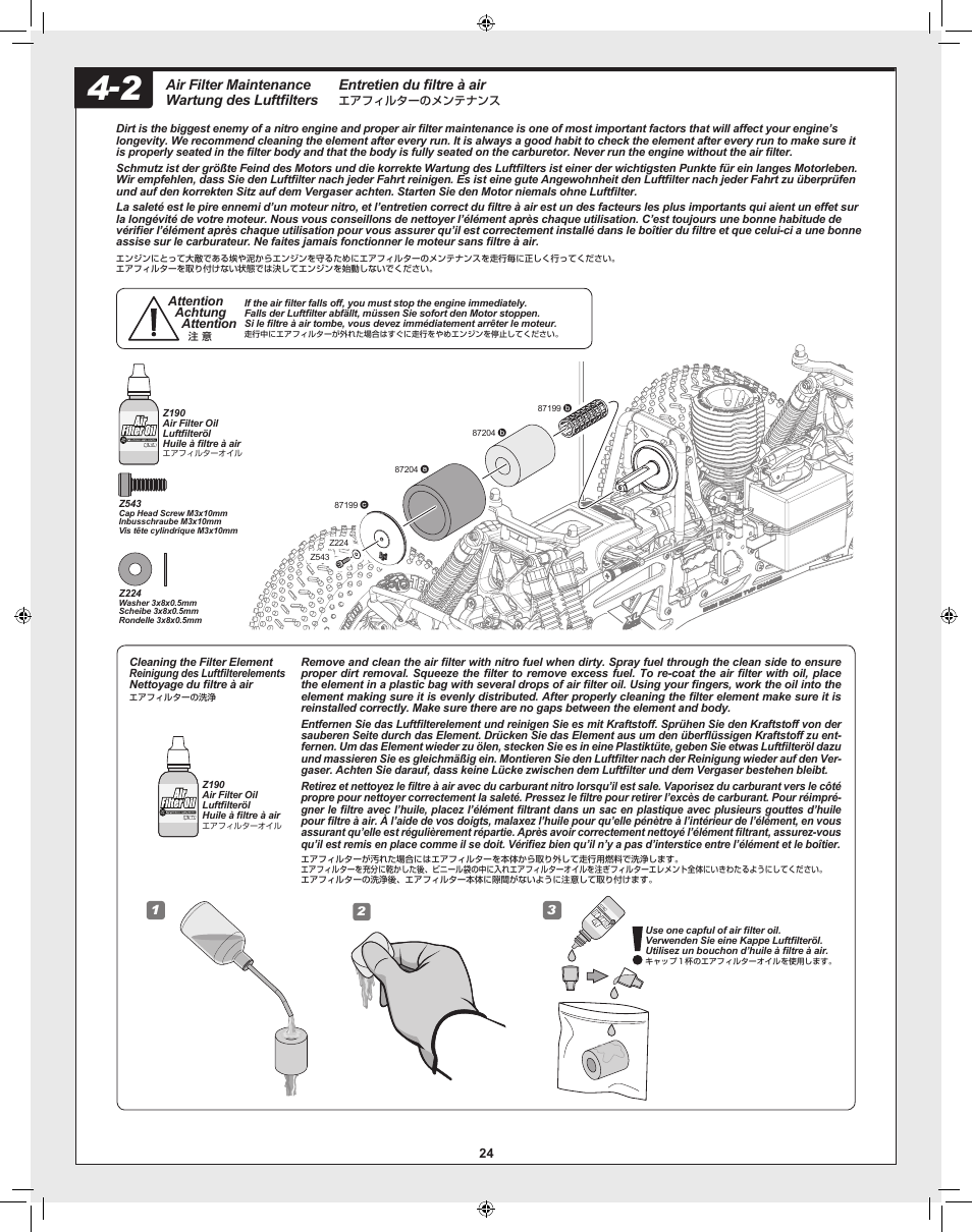 Entretien du filtre à air, Air filter maintenance wartung des luftfilters | HPI Racing Savage XL 5.9 User Manual | Page 24 / 60