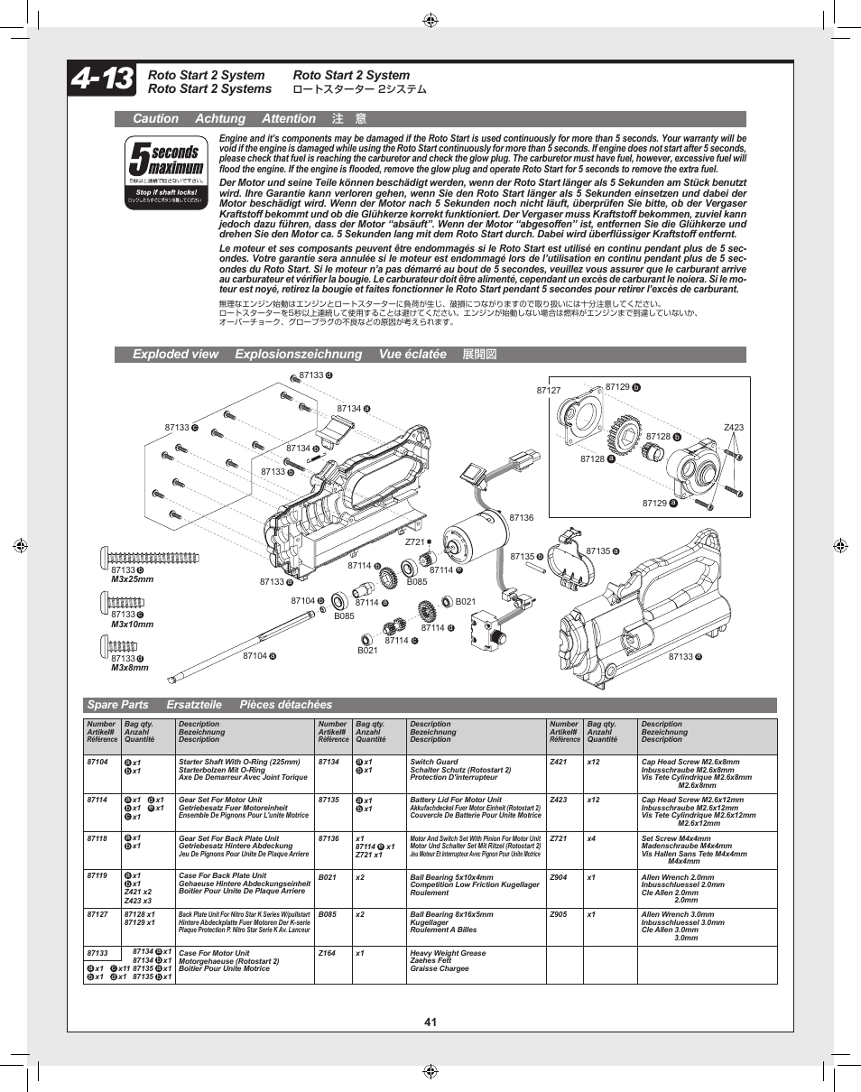 Roto start 2 system roto start 2 systems, Caution achtung attention, Exploded view explosionszeichnung vue éclatée | Roto start 2 system, Spare parts ersatzteile pièces détachées | HPI Racing Savage XL 5.9 User Manual | Page 41 / 60