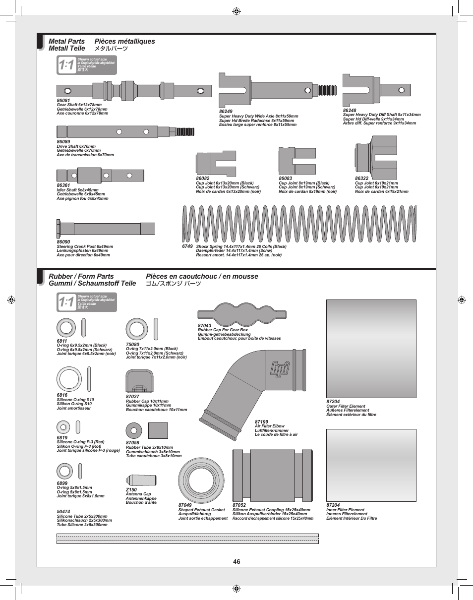 Pièces métalliques, Metal parts metall teile, Pièces en caoutchouc / en mousse | Rubber / form parts gummi / schaumstoff teile | HPI Racing Savage XL 5.9 User Manual | Page 46 / 60