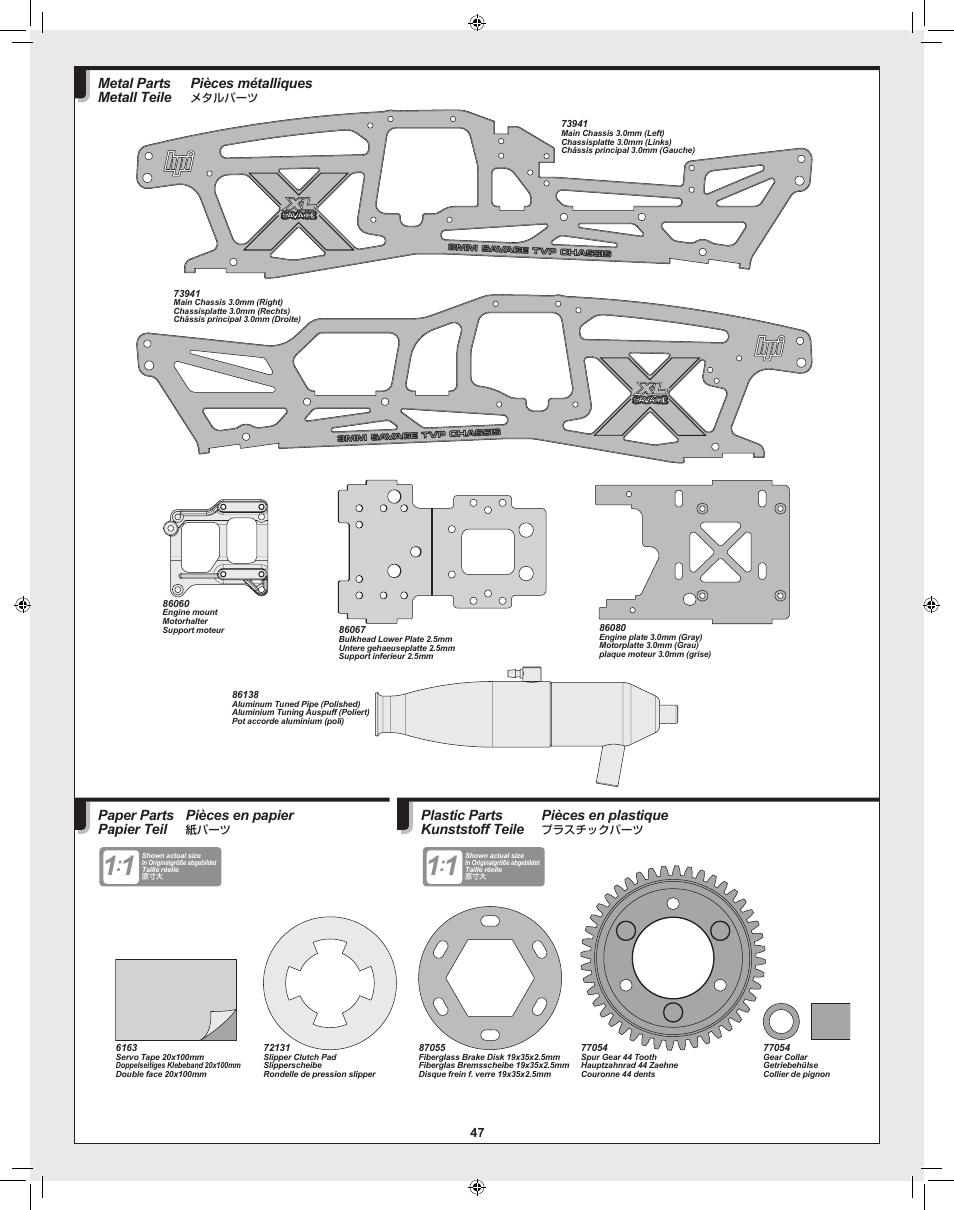 Pièces métalliques, Metal parts metall teile, Pièces en papier | Paper parts papier teil, Pièces en plastique, Plastic parts kunststoff teile | HPI Racing Savage XL 5.9 User Manual | Page 47 / 60