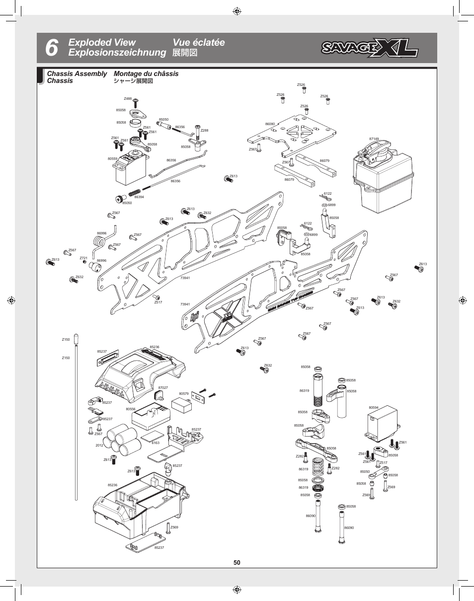 Exploded view explosionszeichnung vue éclatée, Montage du châssis, Chassis assembly chassis | HPI Racing Savage XL 5.9 User Manual | Page 50 / 60