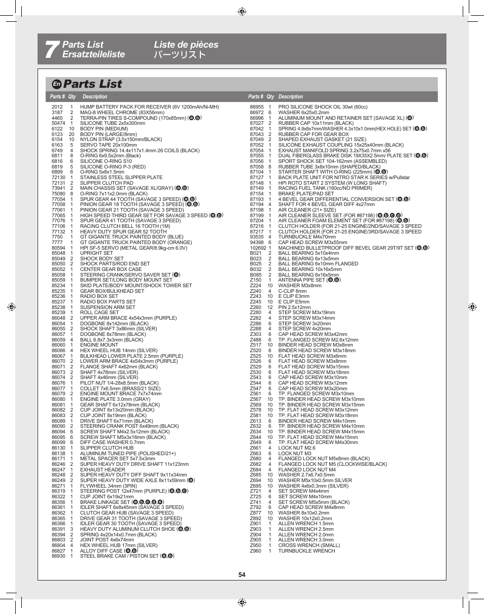 Parts list, Parts list ersatzteileliste liste de pièces, パーツリスト | HPI Racing Savage XL 5.9 User Manual | Page 54 / 60