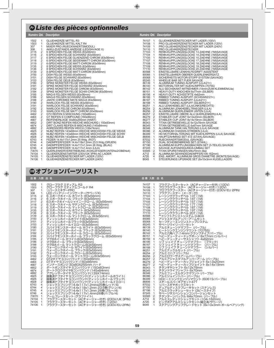 Liste des pièces optionnelles, オプションパーツリスト | HPI Racing Savage XL 5.9 User Manual | Page 59 / 60