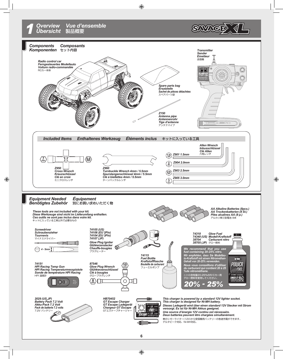 Overview übersicht vue d’ensemble, 製品概要, Composants | Components komponenten, Équipement, Equipment needed benötigtes zubehör | HPI Racing Savage XL 5.9 User Manual | Page 6 / 60