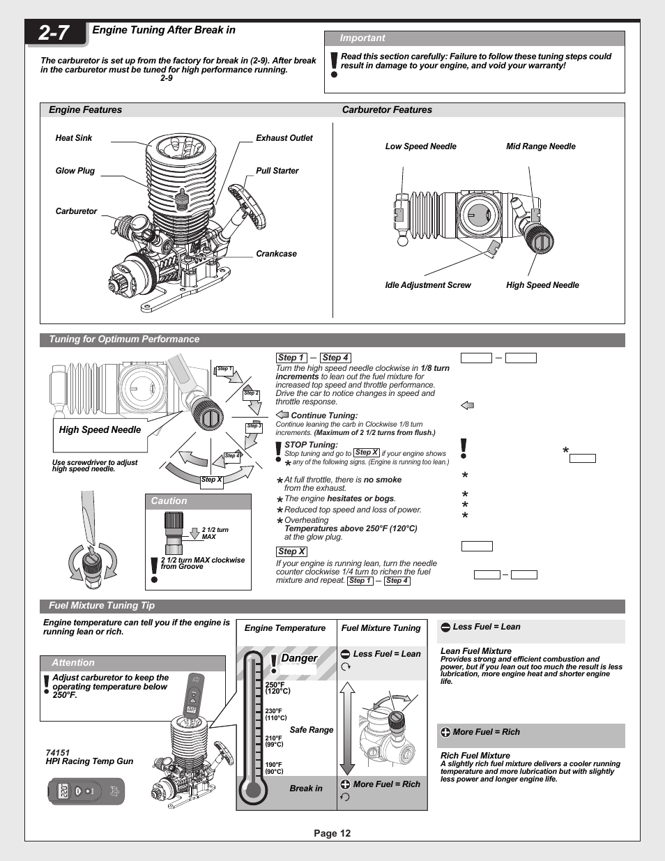 12005-1_pg12.ai, Engine tuning after break in, Danger | Important, Engine features, Carburetor features, Tuning for optimum performance, Fuel mixture tuning tip, Caution, Page 12 high speed needle | HPI Racing Helfire RTR User Manual | Page 12 / 44