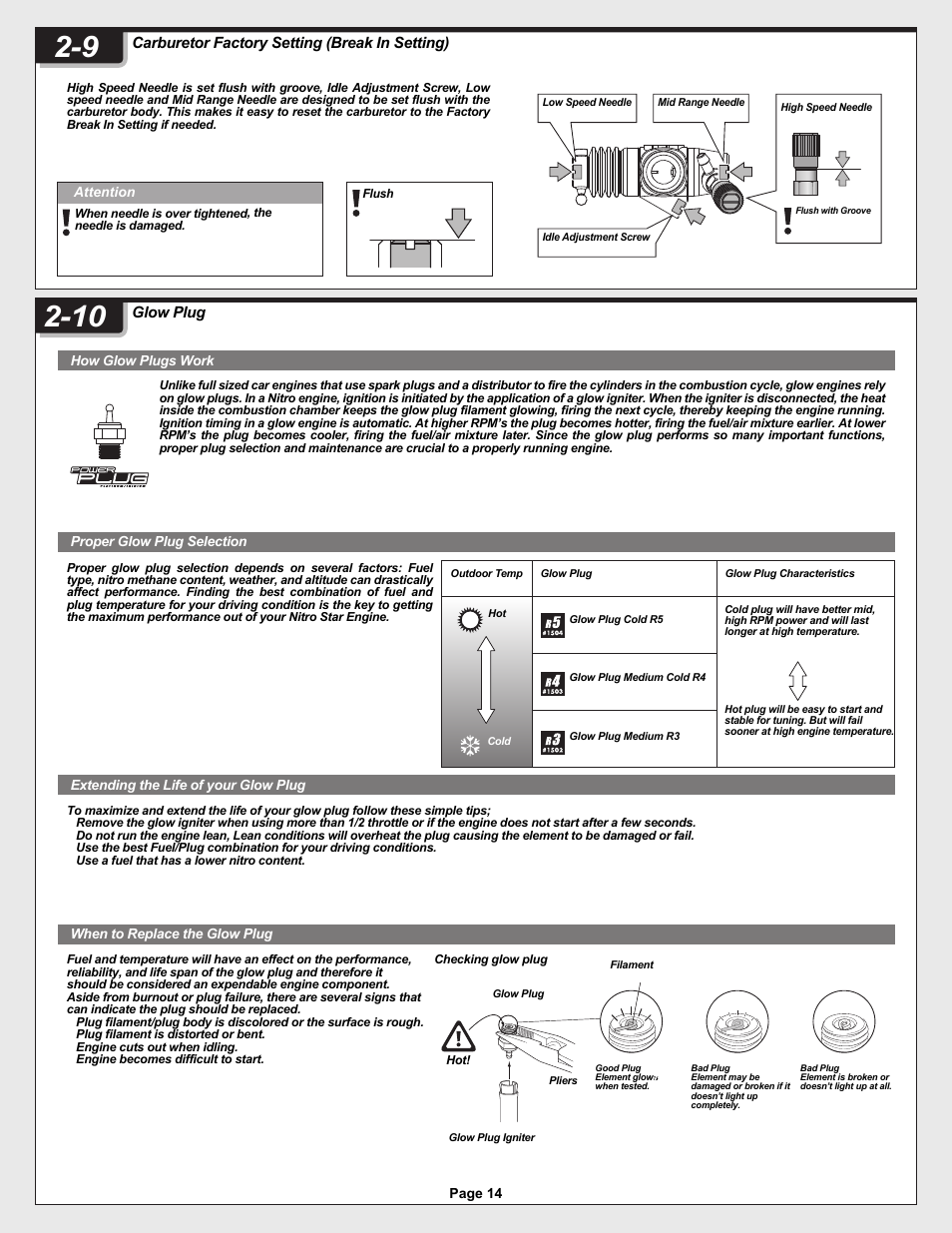 12005-1_pg14.ai, Glow plug, Carburetor factory setting (break in setting) | Page 14, How glow plugs work, Proper glow plug selection, Extending the life of your glow plug, When to replace the glow plug, Attention | HPI Racing Helfire RTR User Manual | Page 14 / 44