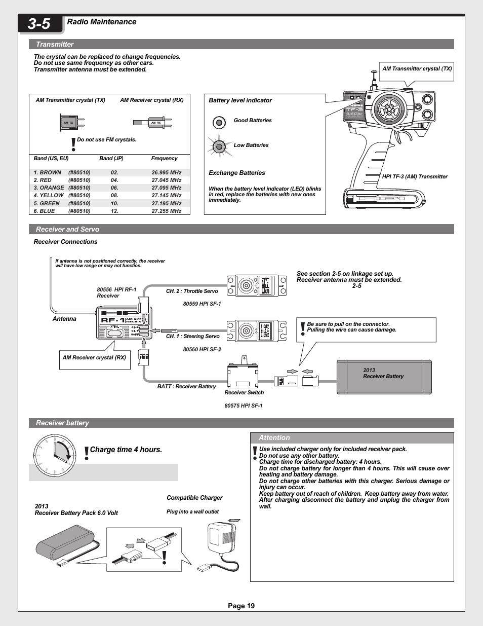 12005-1_pg19.ai, Radio maintenance, Charge time 4 hours | Page 19, Transmitter, Receiver and servo, Receiver battery, Attention | HPI Racing Helfire RTR User Manual | Page 19 / 44