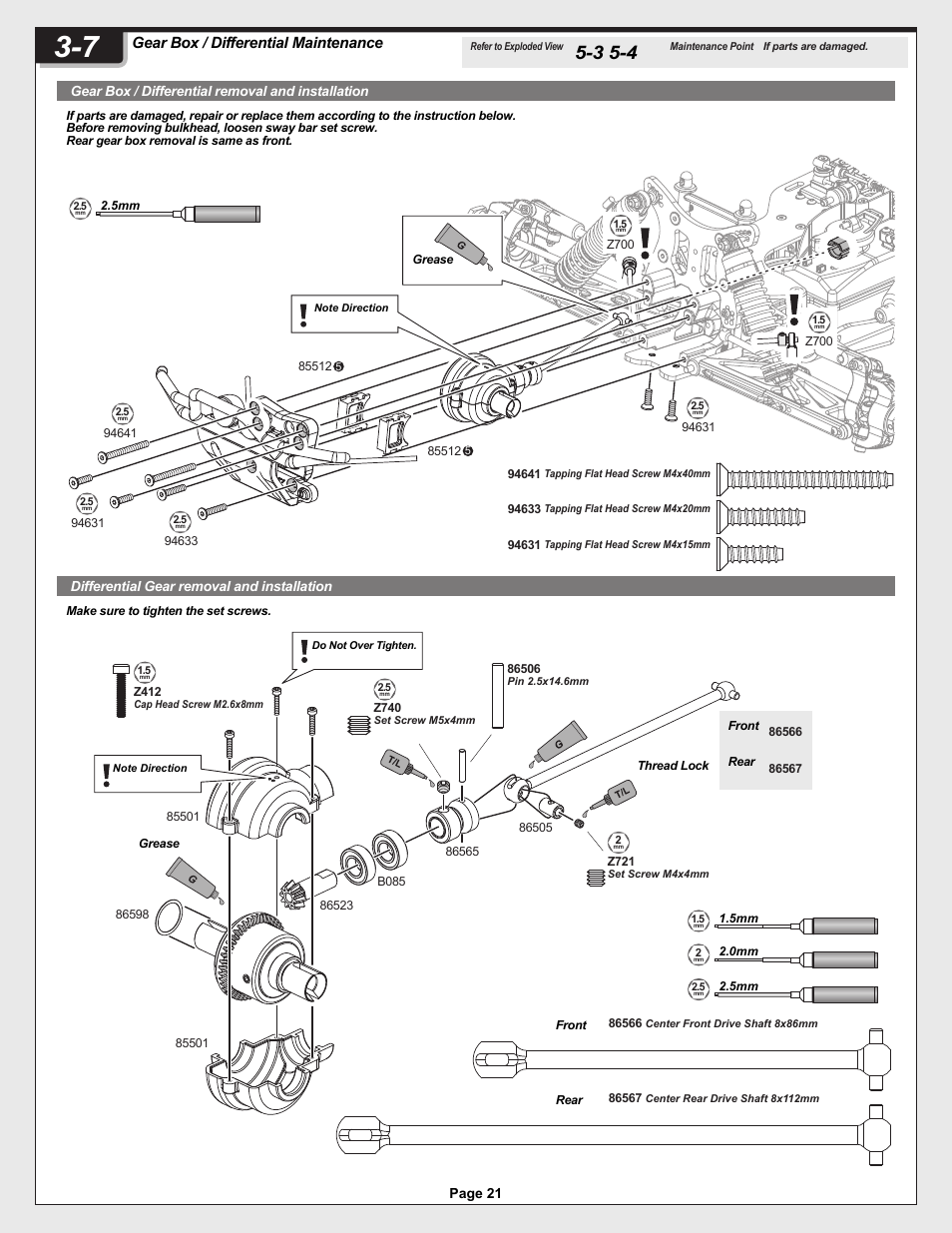 12005-1_pg21.ai, Gear box / differential maintenance, Page 21 | Gear box / differential removal and installation, Differential gear removal and installation | HPI Racing Helfire RTR User Manual | Page 21 / 44