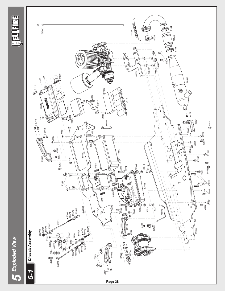 12005-1_pg38.ai, Exp lo d ed v ie w, Ch as si s a ss em b ly | Page 38 | HPI Racing Helfire RTR User Manual | Page 38 / 44