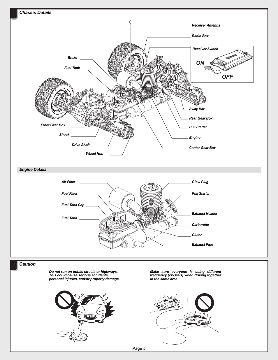 12005-1_pg05.ai, Off on, Chassis details | Caution | HPI Racing Helfire RTR User Manual | Page 5 / 44