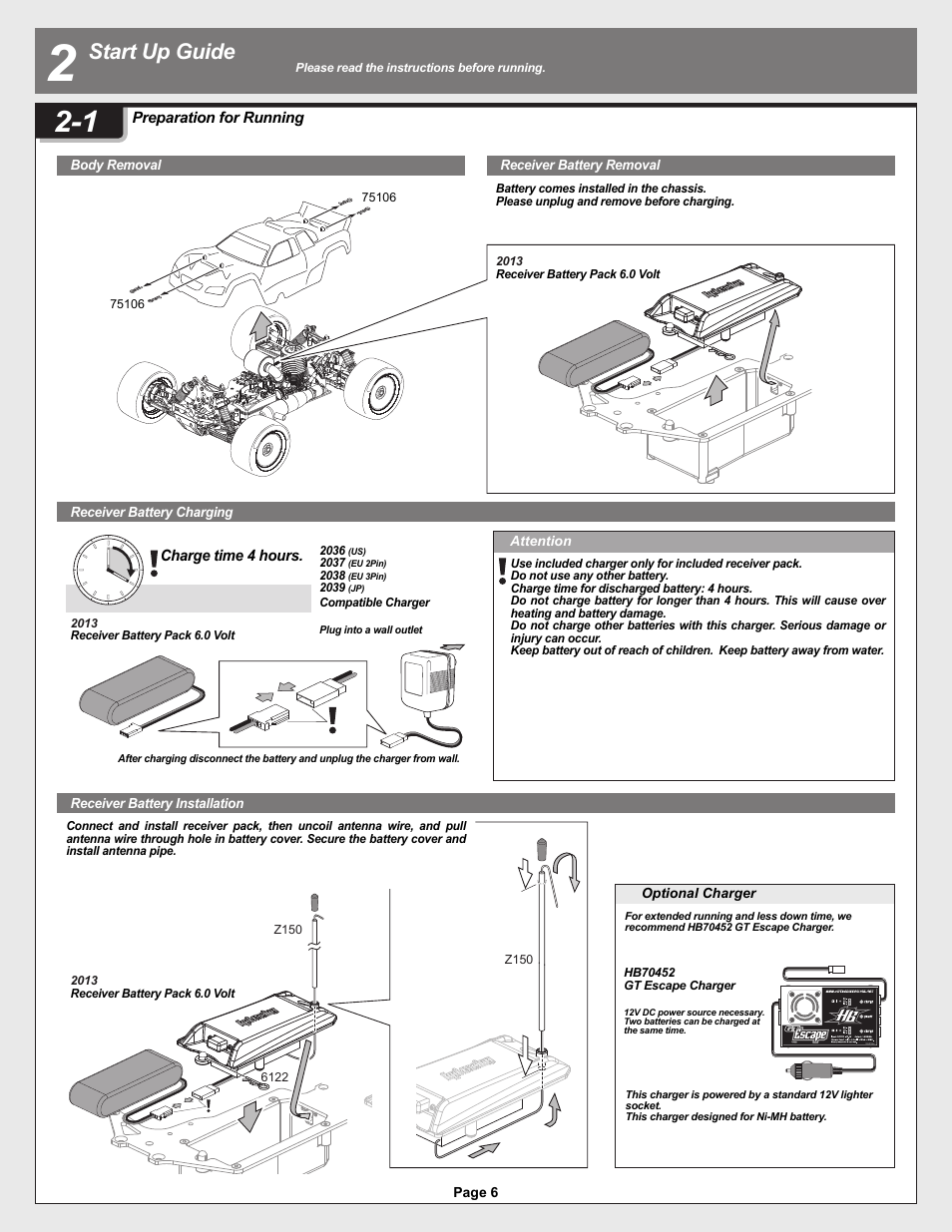 12005-1_pg06.ai, Start up guide, スタートアップガイド | Charge time 4 hours, Preparation for running | HPI Racing Helfire RTR User Manual | Page 6 / 44