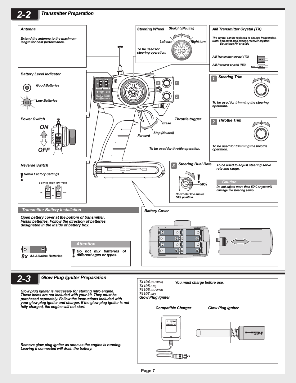 12005-1_pg07.ai, On off, Transmitter preparation | Glow plug igniter preparation, Page 7, Attention, Transmitter battery installation | HPI Racing Helfire RTR User Manual | Page 7 / 44