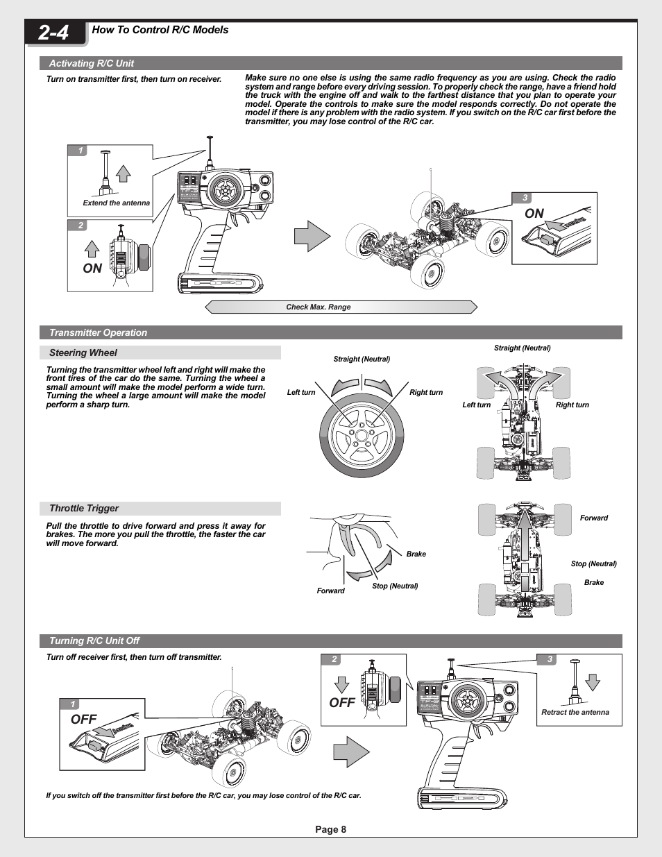 12005-1_pg08.ai, Off on on, How to control r/c models | HPI Racing Helfire RTR User Manual | Page 8 / 44