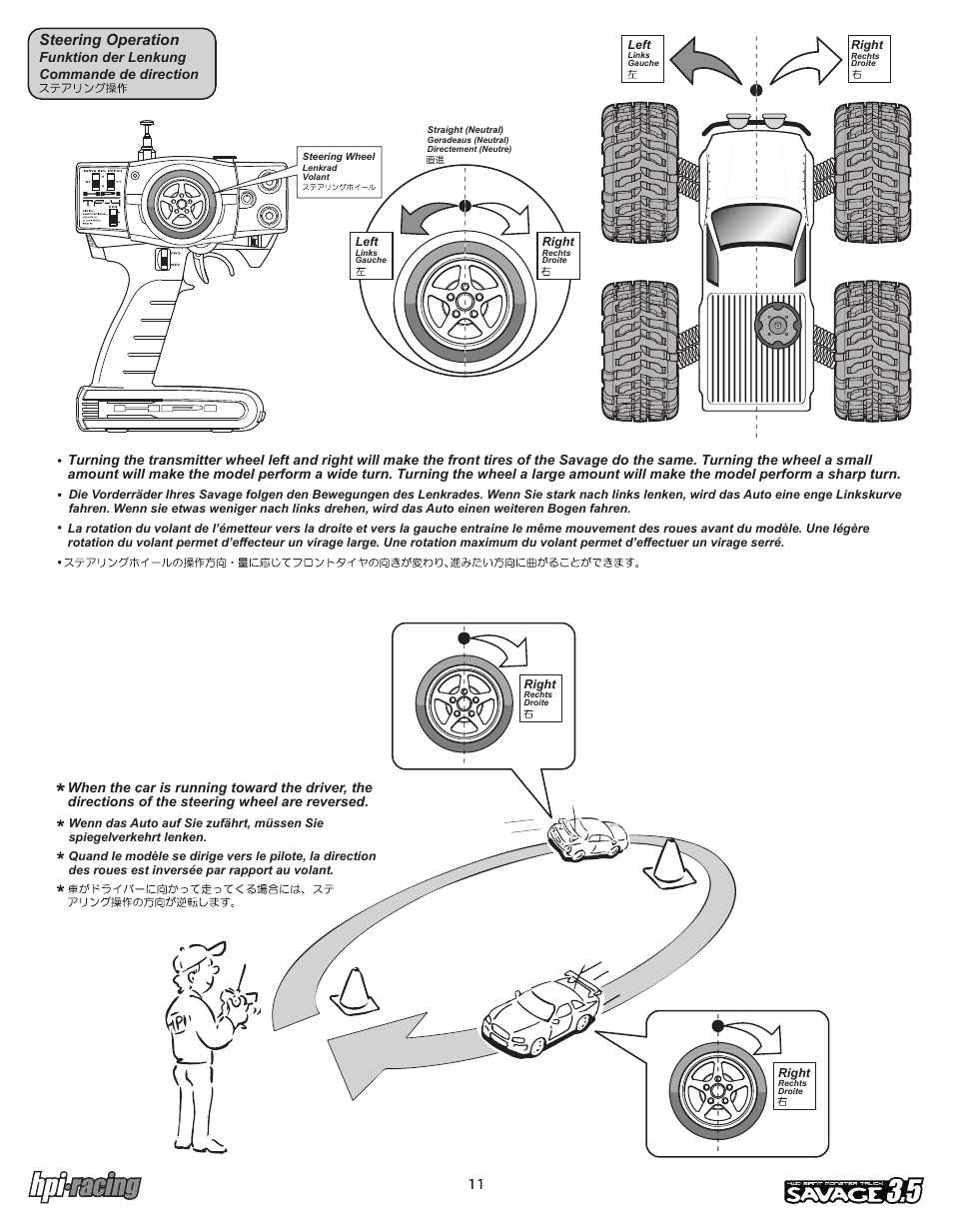 I-12881-1_p11.pdf, Steering operation, Funktion der lenkung commande de direction | HPI Racing Savage 3.5 User Manual | Page 11 / 68