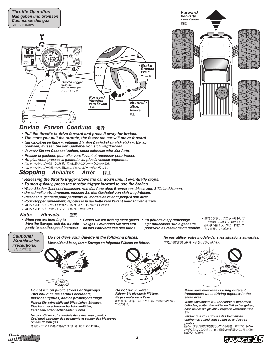 I-12881-1_p12.pdf, Stopping, Driving fahren conduite | Anhalten arrêt | HPI Racing Savage 3.5 User Manual | Page 12 / 68