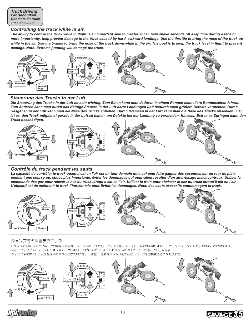 I-12881-1_p13.pdf, Contrôle du truck pendant les sauts, Controlling the truck while in air | Steuerung des trucks in der luft, Truck driving | HPI Racing Savage 3.5 User Manual | Page 13 / 68