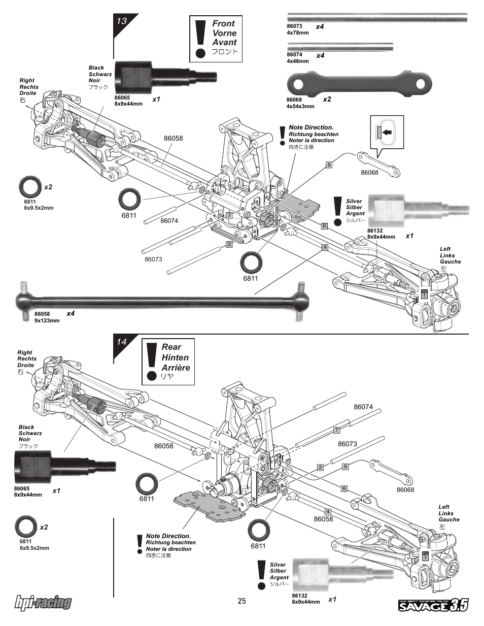 I-12881-1_p25.pdf, Front vorne avant rear hinten arrière | HPI Racing Savage 3.5 User Manual | Page 25 / 68