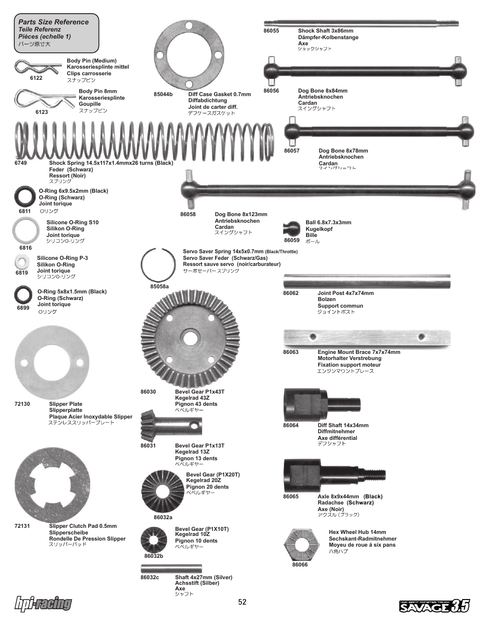 I-12881-1_p52.pdf, Parts size reference | HPI Racing Savage 3.5 User Manual | Page 52 / 68
